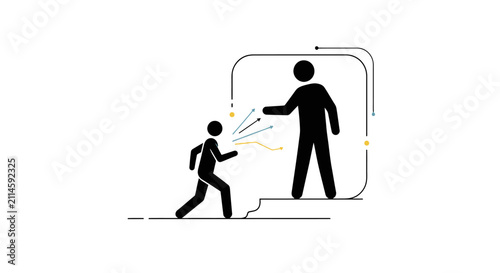 Illustration depicting a smaller person speaking aggressively towards a larger person who is pushing back, symbolizing conflict, disagreement, or a communication barrier.