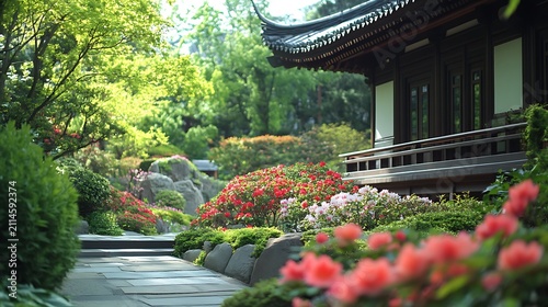 Traditional japanese garden with historic building and vibrant azalea blooms