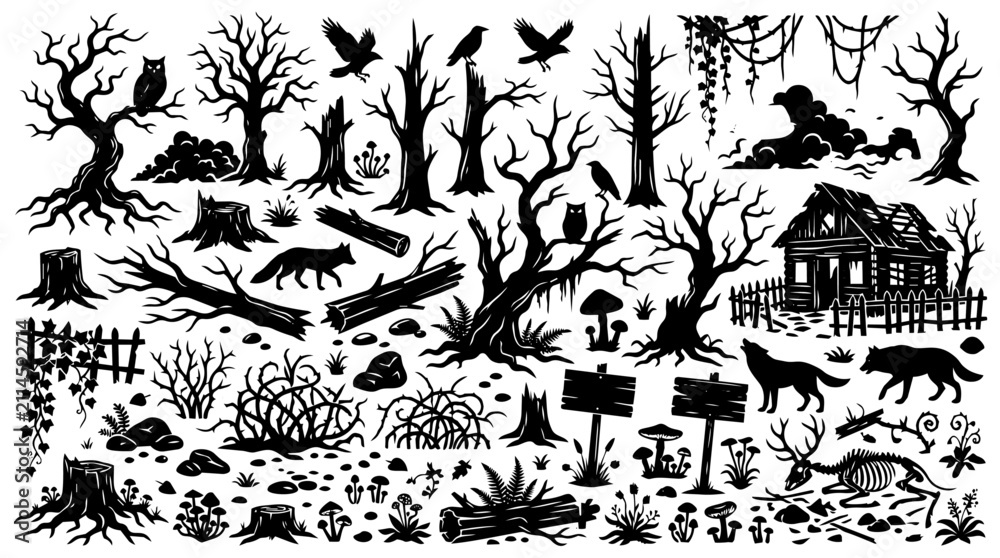 Fototapeta premium Spooky Forest Silhouette Collection with Dead Trees Wildlife Cabins Isolated Transparent Vector Set
