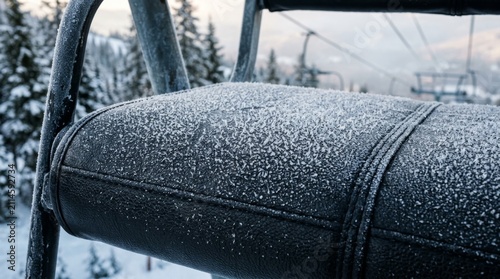 A frost covered black seat sits on a ski lift in winter.