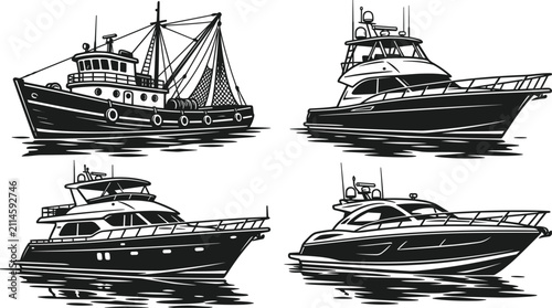 Canvastavla Commercial fishing trawler and luxury yacht collection featuring modern motorboa