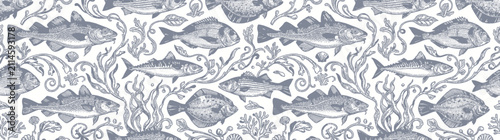 Vintage Fish and Seaweed Pattern Textile Design