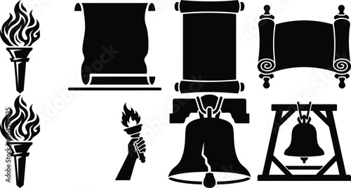 Torches, scrolls, and liberty bell silhouettes