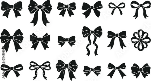 Decorative gift ribbon bow silhouette icons set for festive holiday presents wedding invitations and greeting card decorations vector