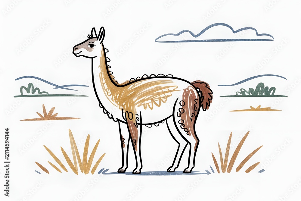 Fototapeta premium Wild guanaco llama standing on grassy plain field in hand drawn sketch style for South American wildlife, animal concept