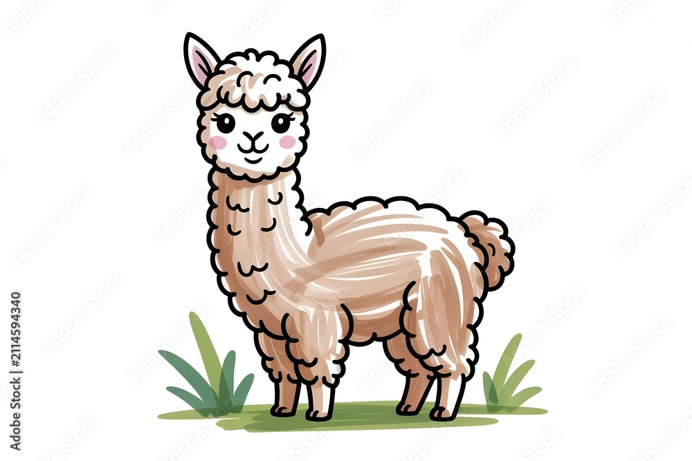Fototapeta premium Cute fluffy white alpaca llama standing on green lawn field in hand drawn sketch style for domestic pets, animal concept