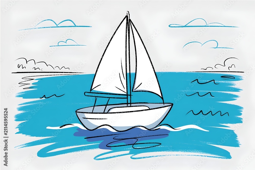 Fototapeta premium White sailboat vessel cruising on calm blue sea water in hand drawn sketch style for marine ocean journey, freedom concept