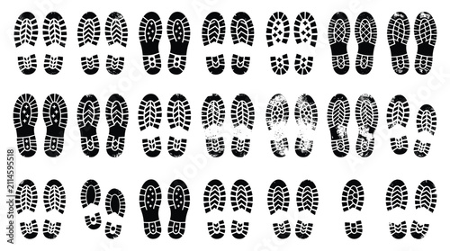 Shoe Print Silhouette Vector Set with Various Textured Boot Footprint and Tread Track SymbolsShoe Print Silhouette Vector Set with Various Textured Boot Footprint and Tread Track Symbols