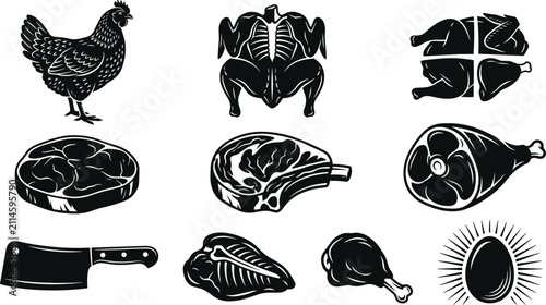 Quadro su tela Fresh meat and poultry product elements set with whole chicken steak pork chop d