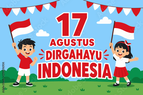 A festive flat vector illustration for Indonesian Independence Day, featuring cheerful children waving national flags and prominent 'Kemerdekaan Indonesia' text on August 17th