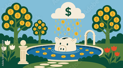 Flat vector financial illustration wealth growth, savings, piggy bank, money trees, dollar rain. indonesian independence day, kemerdekaan indonesia
