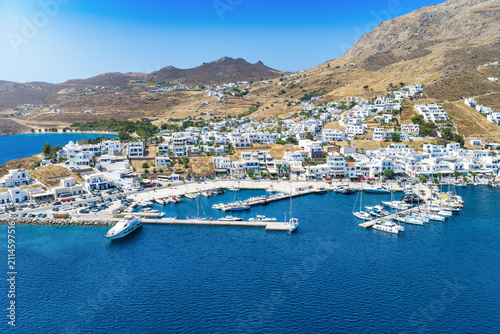 Aerial view of the town and port of Livadi at Serifos island, Cyclades, Greece, during a sunny summer day
