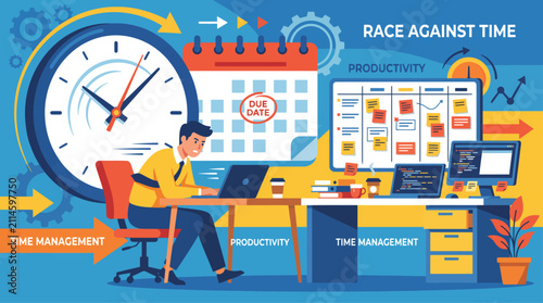 Professional businessman working hard at office desk with large clock and calendar symbolizing time management and productivity