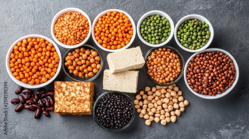 A collection of various healthy protein sources, including beans, lentils, and tofu, arranged on a dark surface. This assortment highlights plant-based protein options and their nutritional benefits