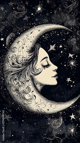 Vintage crescent moon illustration with woman's profile and celestial details
