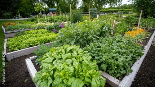 A flourishing vegetable garden with raised beds overflowing with fresh greens and colorful flowers, showcasing a bountiful harvest in a sun-drenched setting