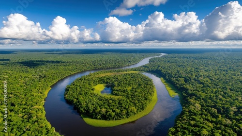 An aerial view of a winding river through a dense, lush green rainforest under a beautiful cloudy sky. The vibrant green foliage contrasts with the dark water.
