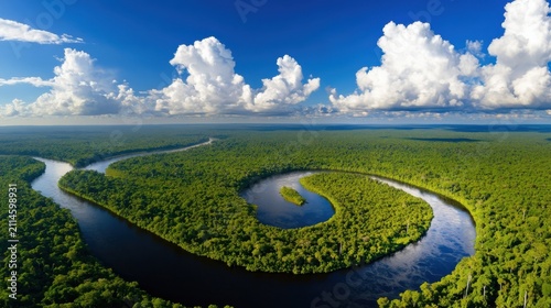 An aerial view of a winding river cutting through a dense, green rainforest under a bright blue sky with fluffy white clouds