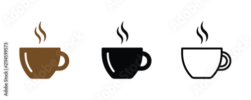 Modern Hot Drink and Steaming Coffee Mug Graphics, Flat Cafe Clip Art in Silhouette and Line Art Variations, vector, illustration, silhouette.