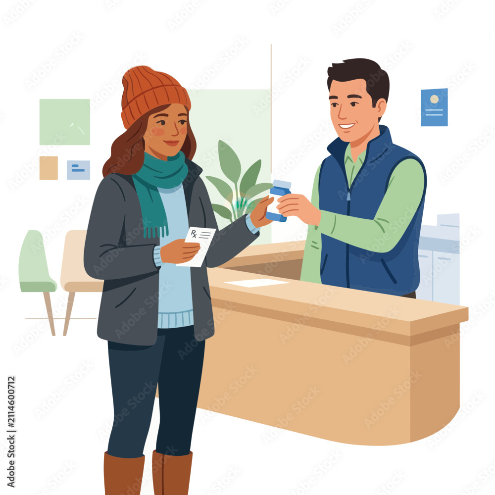 Fototapeta premium Pharmacist handing medication to customer at counter, healthcare scene