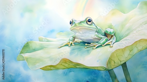 Watercolor painting of a green tree frog resting on a lily pad