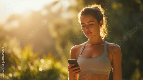 Young Woman Using Smartphone Outdoors During Morning Fitness Routine