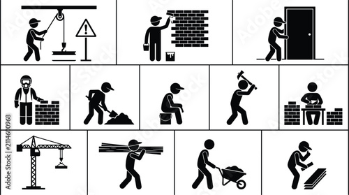 Картината върху платно Industrial construction workers and builders stick figure icons showing bricklay