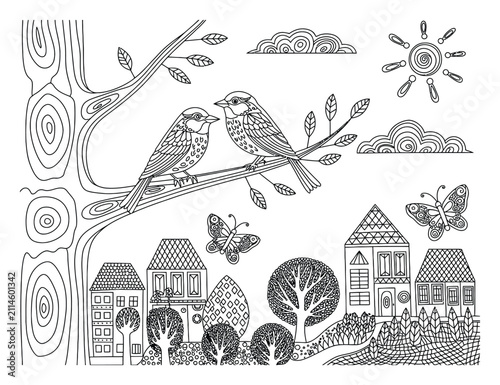 Quadro su tela Dibujo para colorear caprichoso de dos pájaros posados ​​en un árbol con vista a