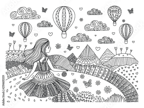 Página para colorear con un toque fantasioso: una niña en un paisaje con globos aerostáticos