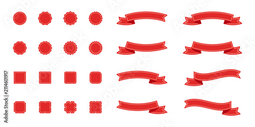 Red blank ribbons and badge stickers for decorating the shop and sales offers, award and party announcements, games, and other graphic designs. Vector element set.