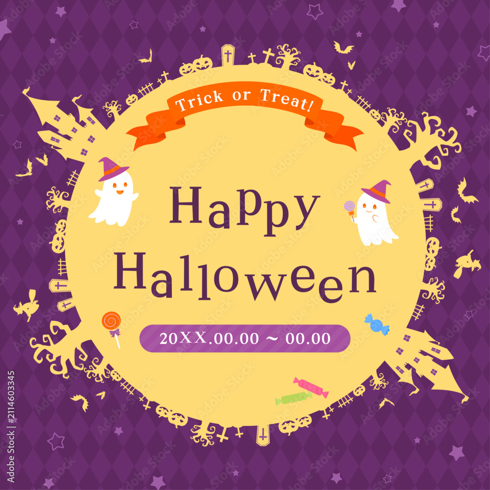 Fototapeta premium ハロウィンのシルエットの紫色テンプレート1_正方形