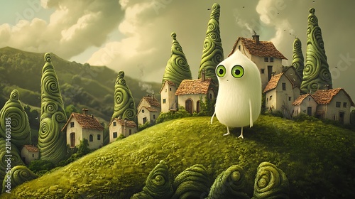 Whimsical village scene with cartoon creature and spiraling trees