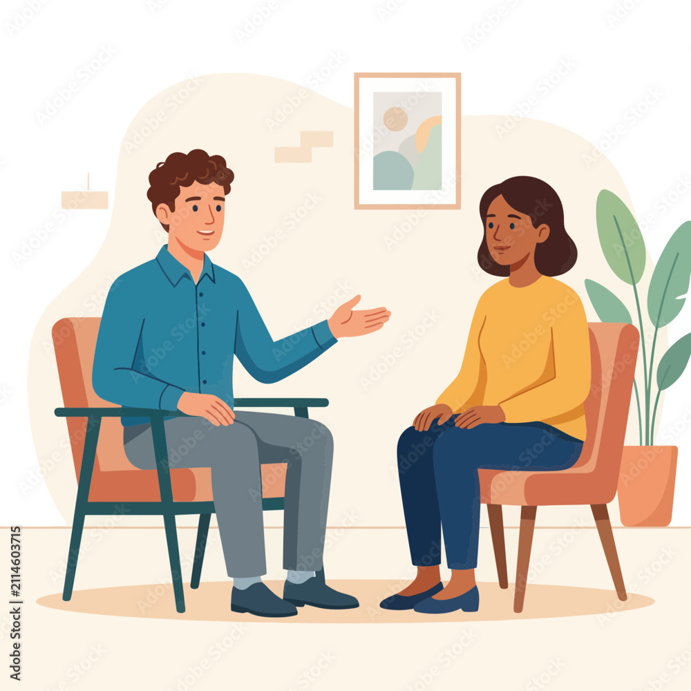 Fototapeta premium Therapist consulting with patient in a calm, modern office setting, vector illustration