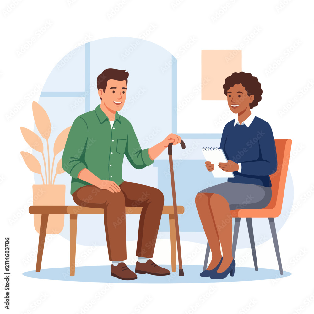 Obraz premium Therapist Consults with Patient Holding Cane in Modern Office Setting