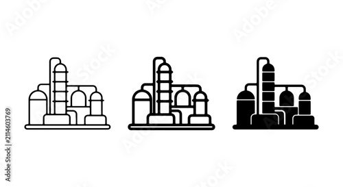 Industrial Factory Icons, Chemical Plant Vector Set, Refinery Building Graphics