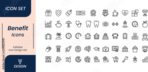 Konstfotografi Benefit icons set, employee perks and corporate benefits vector line art