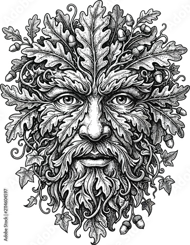 Intricate black and white engraving style illustration of a mystical green man forest spirit surrounded by oak leaves and acorns