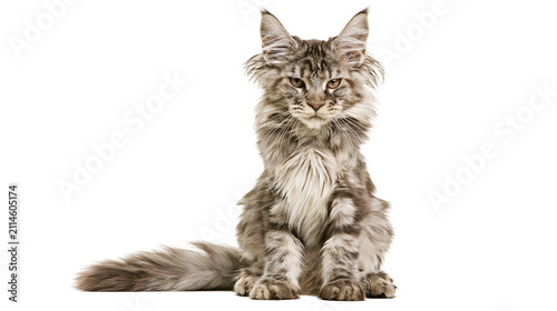 Fotografie Maine Coon cat sitting fluffy grey tabby fur, large bushy tail