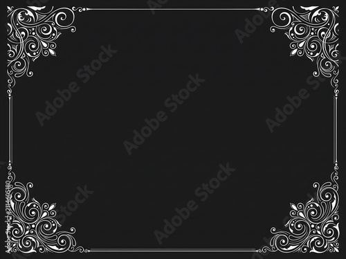 Elegant white filigree corner frame on black background