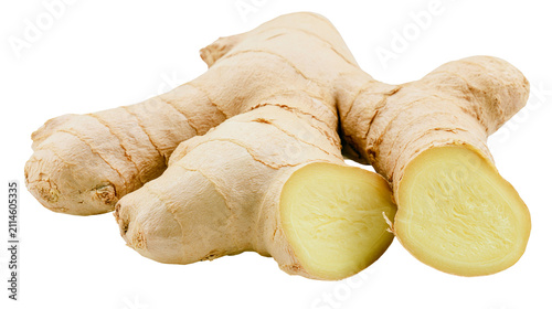 Fresh ginger root with one piece cut in half showing fibrous texture