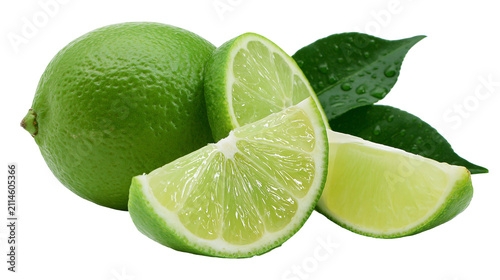 Whole and sliced green limes with leaves