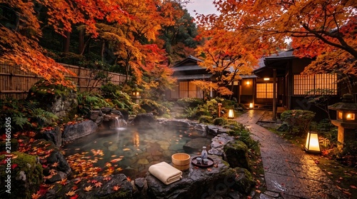 Luxury outdoor hot spring surrounded by autumn maple trees in Japanese ryokan