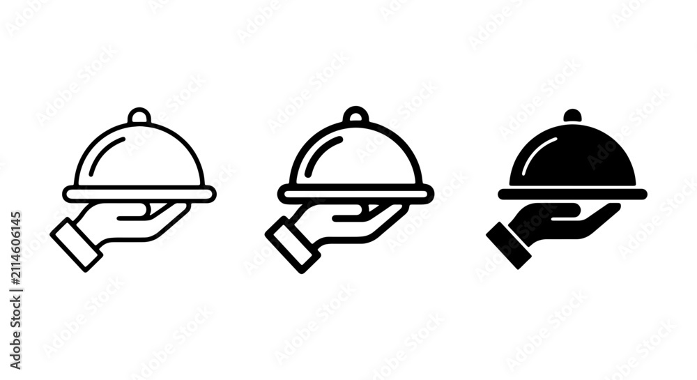 Fototapeta premium Restaurant Service Icons: Hand Holding Food Cloche, Outline, Silhouette, Black and White