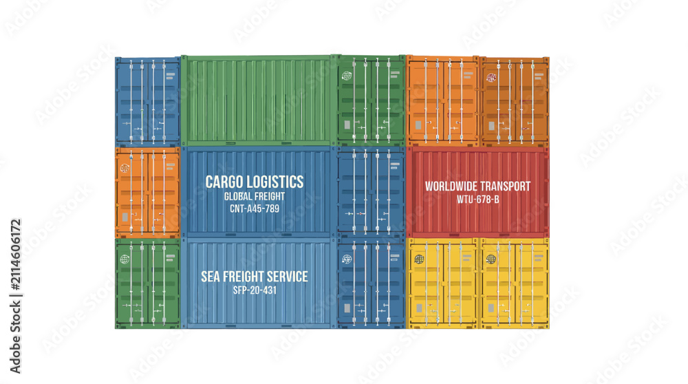 Fototapeta premium Colorful Stacked Shipping Containers On A White Background