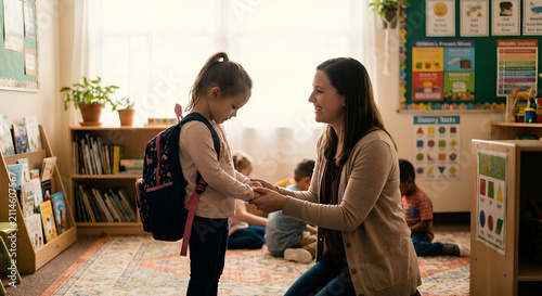 A kind teacher kneels to help a young girl with her backpack in a bright, cheerful classroom.