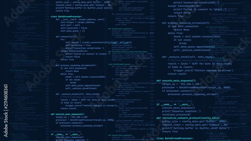 Source code snippets scrolling vertically with blue syntax highlighting on dark digital screen background for software development and tech display.