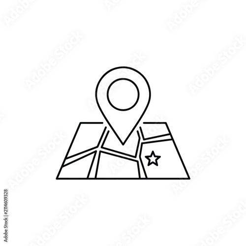 Line art icon of a map with a location pin, indicating a specific point of interest or destination on a geographic representation.