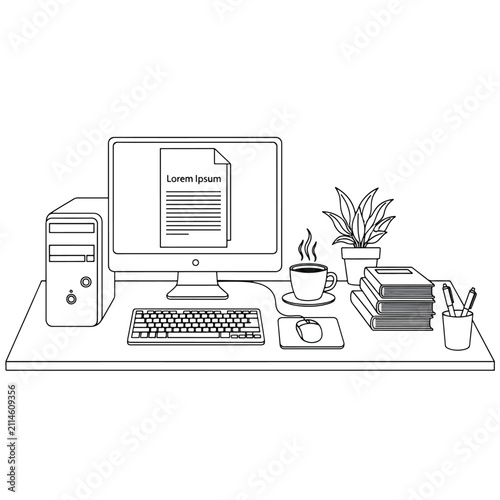 Line art illustration of a modern office desk setup with a computer, monitor, keyboard, mouse, CPU, coffee, plant, books, and pens.