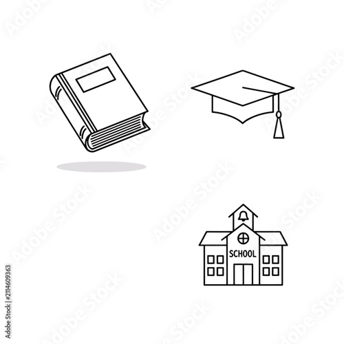 Line art icons representing education, including a book, a graduation cap, and a school building, on a white background.