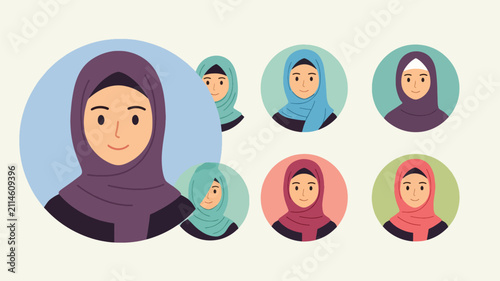 Diverse group of cartoon women wearing colorful hijabs in circular profile illustrations, showcasing various styles and expressions.